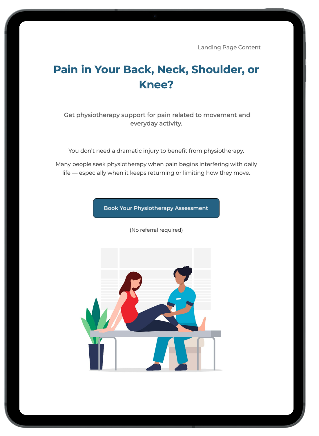 Tablet showing a physiotherapy pain relief landing page with a booking call to action